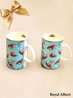 Royal Albert Mug Set of 2 Blue Pink Floral Fine Bone China 5 x 2 1/2 inch